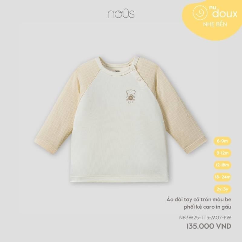 ÁO DÀI TAY NOUS CỔ TRÒN MÀU BE PHỐI KẺ CARO IN GẤU