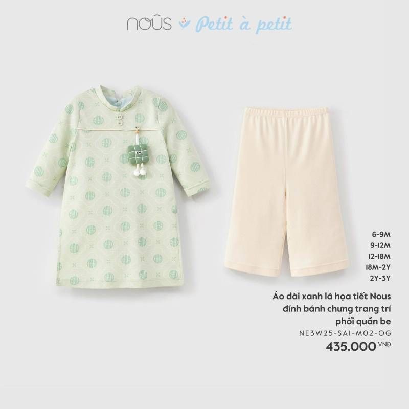 ÁO DÀI XANH LÁ HỌA TIẾT NOUS ĐÍNH BÁNH CHƯNG TRANG TRÍ PHỐI QUẦN BE