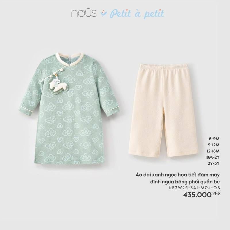 ÁO DÀI XANH NGỌC NOUS HỌA TIẾT ĐÁM MÂY ĐÍNH NGỰA BÔNG PHỐI QUẦN BE