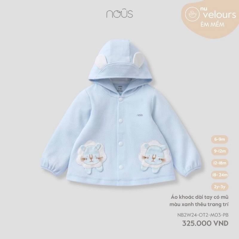 ÁO KHOÁC DÀI TAY NOUS CÓ MŨ MÀU XANH THÊU TRANG TRÍ