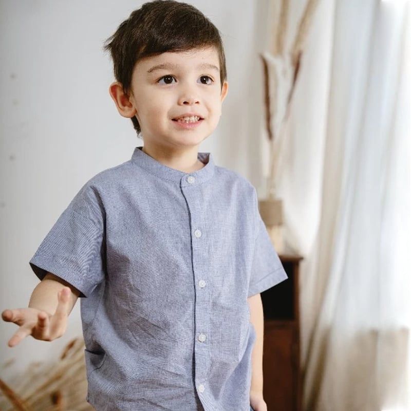 ÁO SƠ MI NGẮN TAY CÀI GIỮA, CỔ TÀU BU BABY - XANH ĐẬM 1