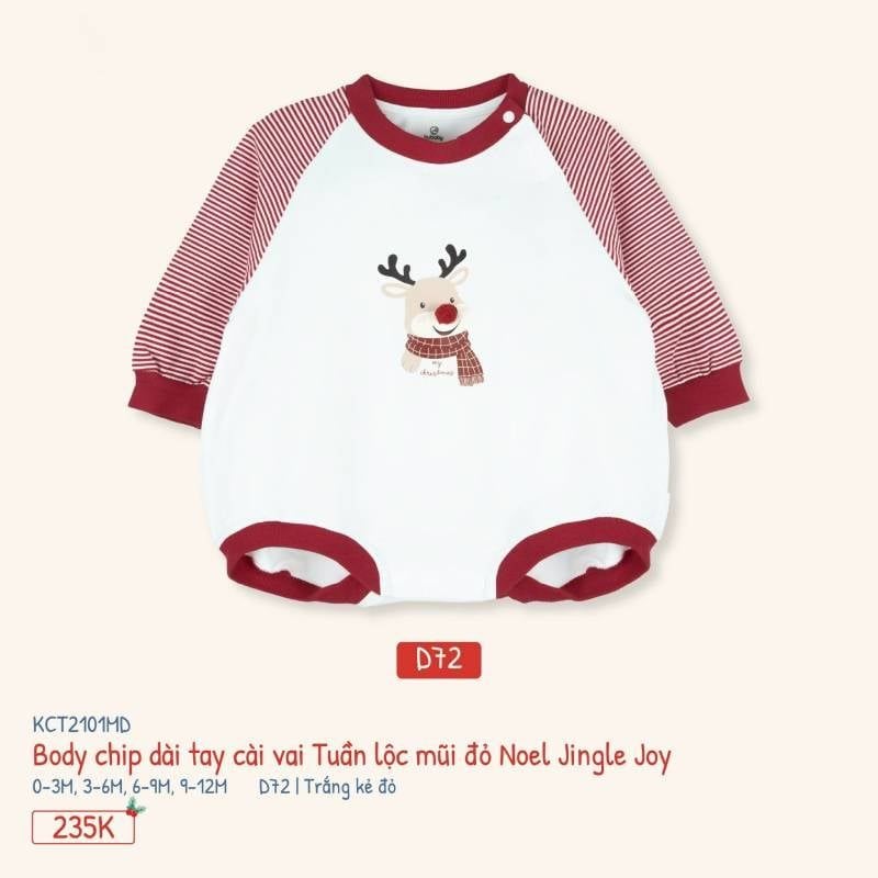 BODY CHIP DÀI TAY CÀI VAI TUẦN LỘC MŨI ĐỎ NOEL BU BABY JINGLE JOY D72 TRẮNG - KẺ ĐỎ