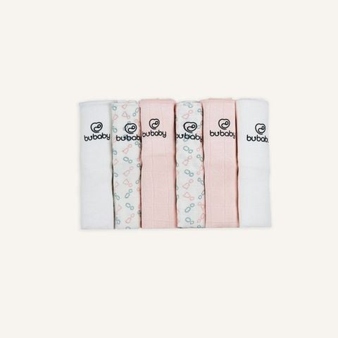 Khăn sữa Bu Muslin pack 6 - 2 Trắng - 2 Hồng nhạt - 2 Trắng in Iconic