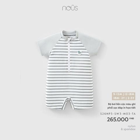 Bộ bơi liền cộc Nous màu ghi phối sọc đáp in họa tiết
