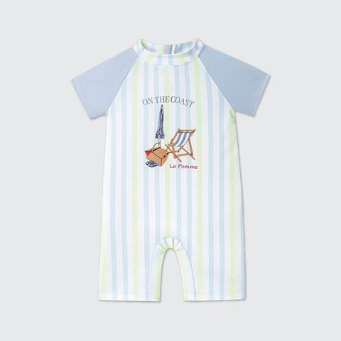 Bộ bơi liền thân La Pomme họa tiết kẻ bên bờ biển - Xanh nhạt