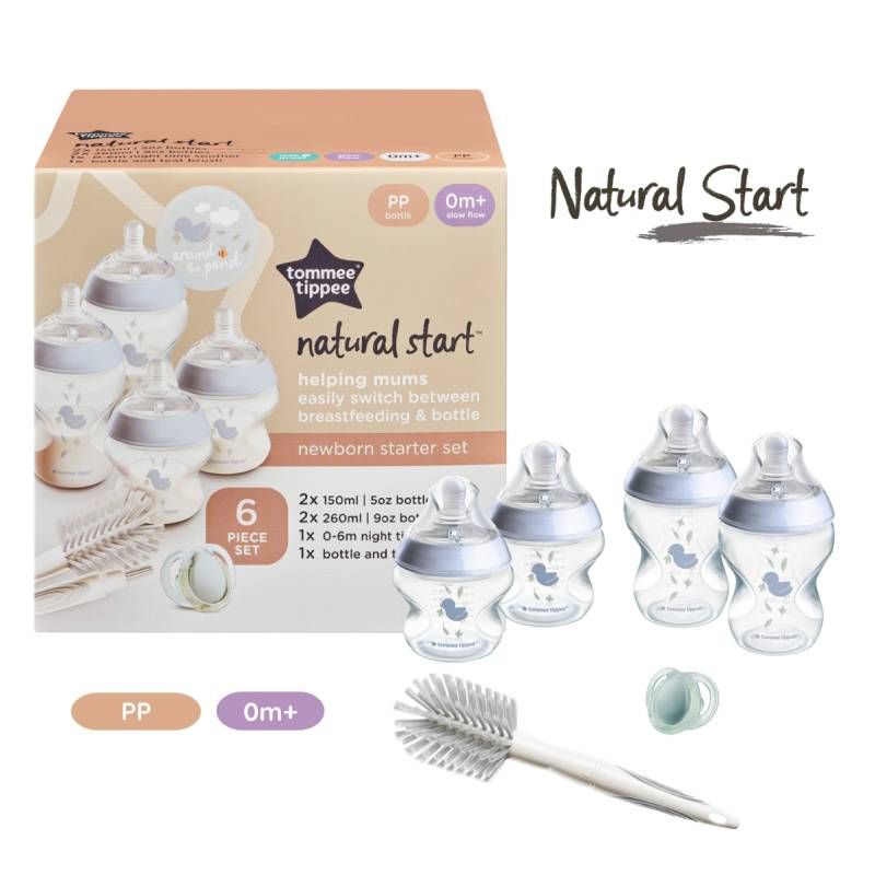 Bộ Bình Sữa Sơ Sinh PP Tommee Tippee - Họa Tiết, Xanh Dương (Bao Gồm: 2 Bình 260ml, 2 Bình 150ml, 1 Ty Ngậm Dạ Quang 0-6 Tháng, 1 Cọ Rửa Bình Sữa Và Núm Ty)
