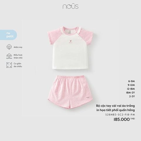 Bộ cộc tay Nous cài vai áo trắng in họa tiết phối quần hồng