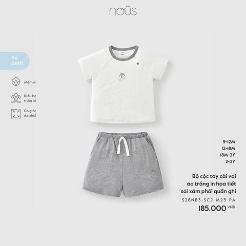 Bộ cộc tay Nous cài vai áo trắng in họa tiết sói xám phối quần ghi