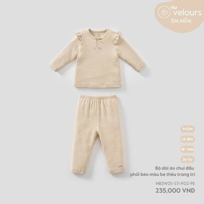 BỘ DÀI NOUS ÁO CHUI ĐẦU PHỐI BÈO MÀU BE THÊU TRANG TRÍ