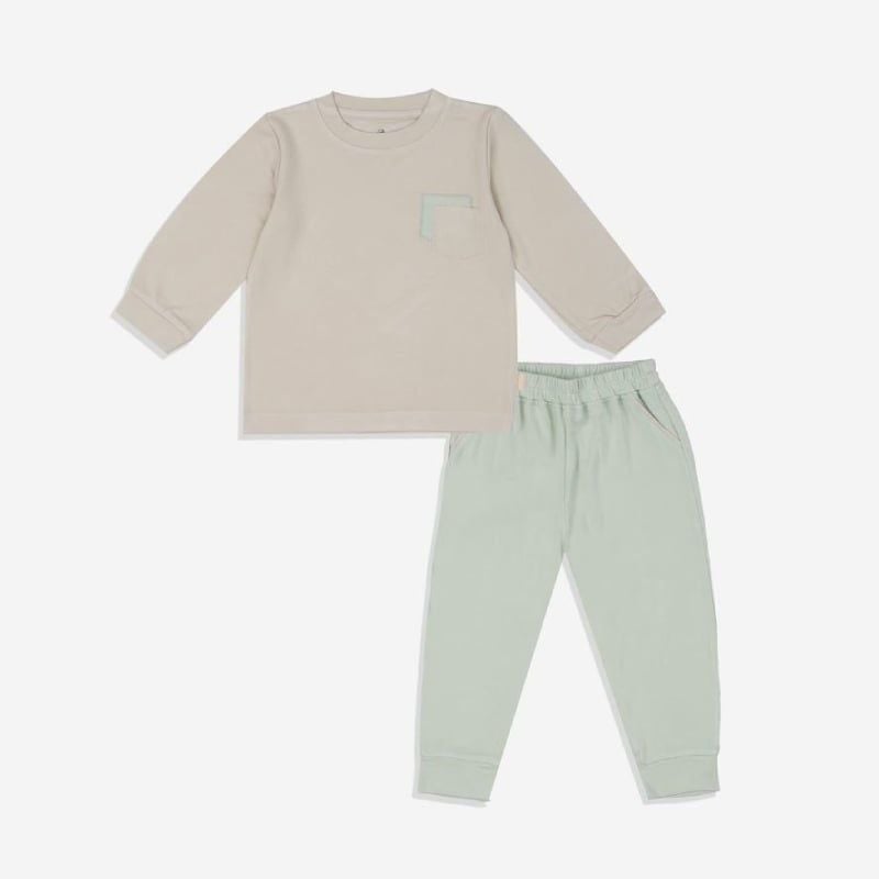 BỘ DÀI TAY CỔ TRÒN TÚI NGỰC BU BABY - BE - XANH MATCHA