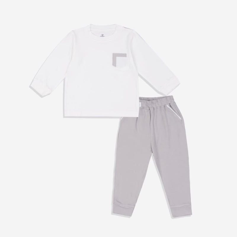 BỘ DÀI TAY CỔ TRÒN TÚI NGỰC BU BABY - TRẮNG - GHI