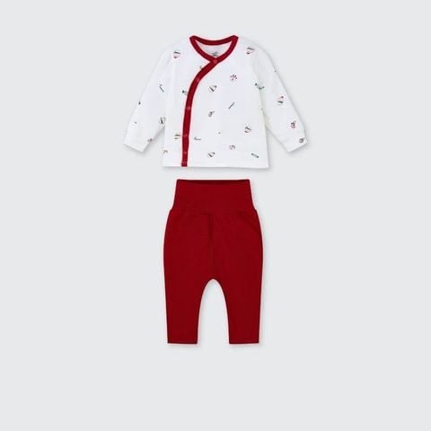 Bộ dài tay cúc lệch La Pomme giáng sinh lấp lánh - Trắng đỏ