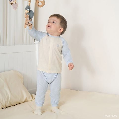 Bộ dài tay cài giữa Bu Baby - Kem - Blue 435