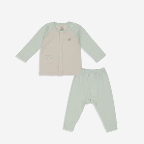 Bộ dài tay cài giữa Bu Baby Bambus - Be - xanh matcha