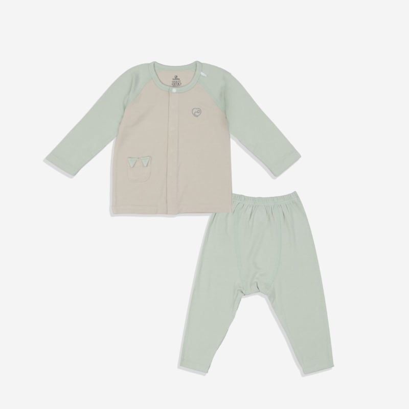 BỘ DÀI TAY CÀI GIỮA BU BABY BAMBUS - BE - XANH MATCHA