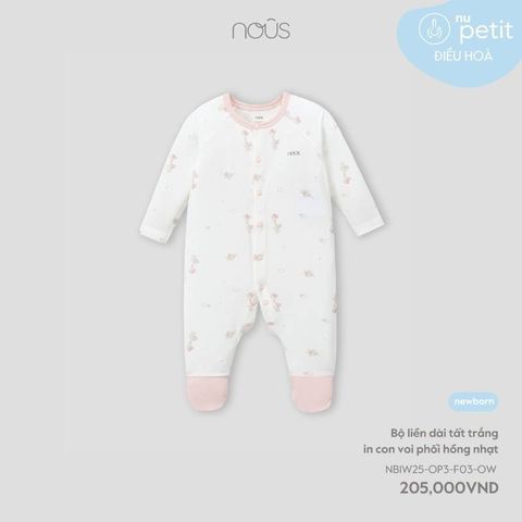 Bộ liền dài tất trắng Nous in con voi phối hồng nhạt