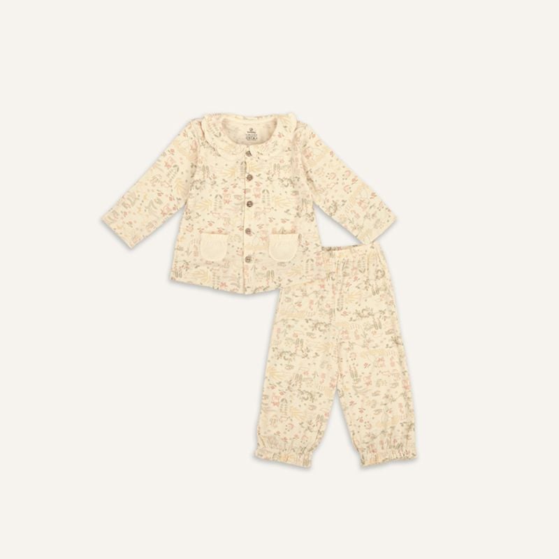 BỘ DÀI TAY PYJAMAS BU CỔ BÈO - KEM IN HỌA TIẾT VƯỜN NHÀ