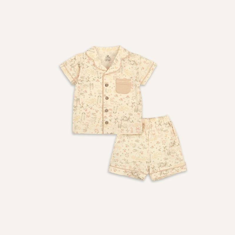 BỘ NGẮN TAY CÀI GIỮA PYJAMAS BU BAMBUS - KEM IN HỌA TIẾT VƯỜN NHÀ