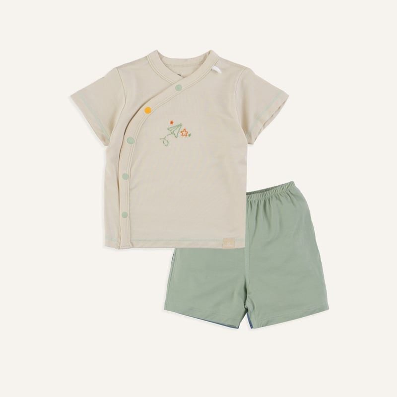 BỘ NGẮN TAY BU CÀI CHÉO BAMBUS GAMI - BE - XANH LỤC