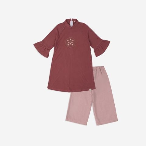 Áo dài nhung Bu Baby bé gái tay bèo Đỏ gạch - hồng