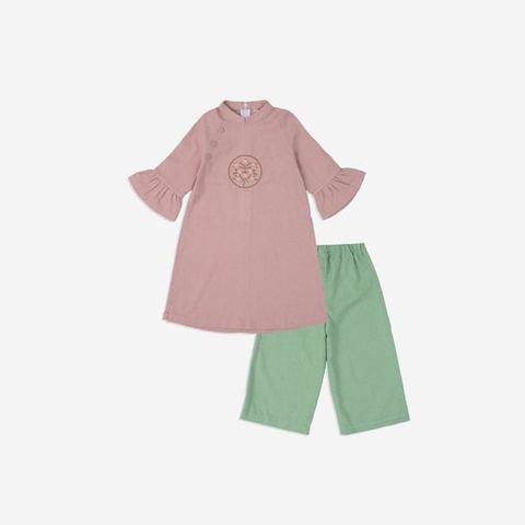 Áo dài linen Bu Baby bé gái tay bèo Hồng - Xanh matcha