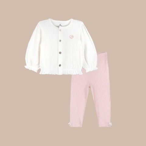 Bộ dài tay Bu Baby cài giữa bèo gấu - Trắng - Hồng