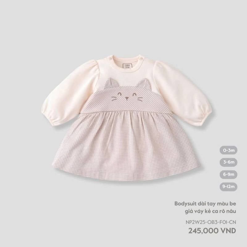 BODYSUIT NOUS DÀI TAY MÀU BE GIẢ VÁY KẺ CA RÔ NÂU