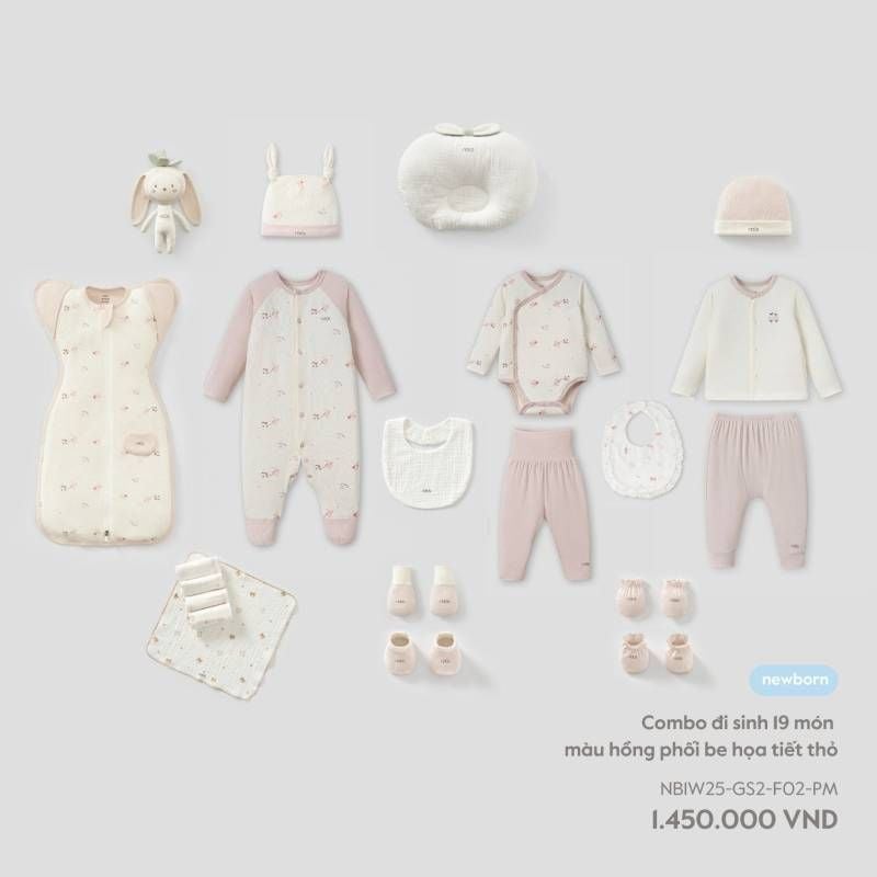 Combo đi sinh 19 món Nous màu hồng phối be họa tiết thỏ