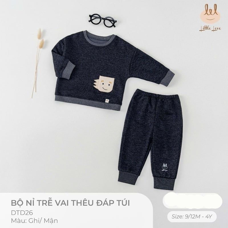 BỘ NỈ TRỄ VAI LIL THÊU ĐÁP TÚI GHI