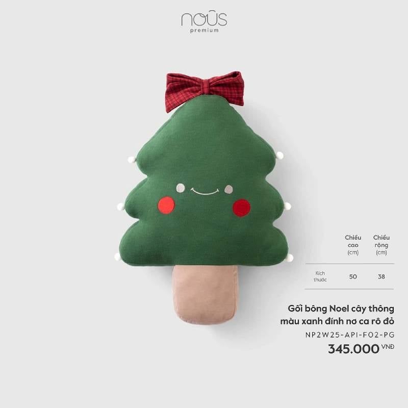 GỐI BÔNG NOEL NOUS CÂY THÔNG MÀU XANH ĐÍNH NƠ CA RÔ ĐỎ