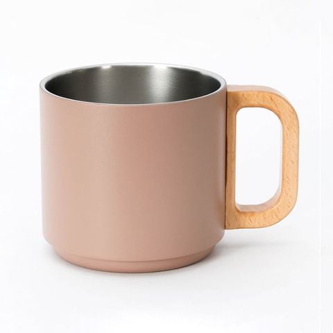 Ly inox giữ nhiệt Pearl Metal 350ml quai gỗ (Hồng Beige) 519