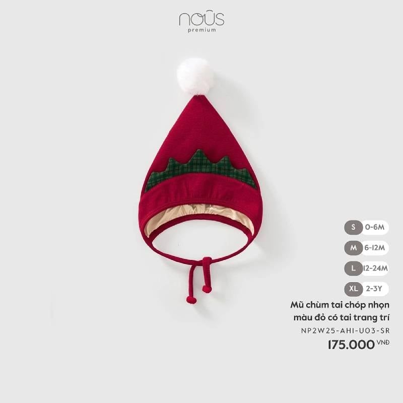 MŨ CHÙM TAI NOUS CHÓP NHỌN MÀU ĐỎ CÓ TAI TRANG TRÍ