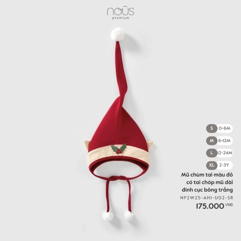 MŨ CHÙM TAI NOUS MÀU ĐỎ CÓ TAI CHÓP MŨ DÀI ĐÍNH CỤC BÔNG TRẮNG