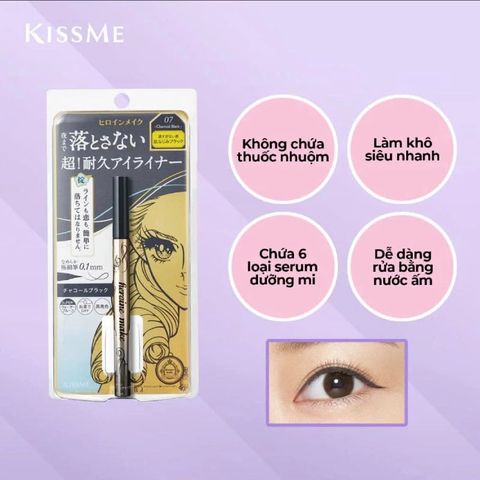 Bút kẻ mắt nước giữ nét siêu bền trong 24h kissme heroine make nét kẻ sắc mảnh - Màu đen than #07