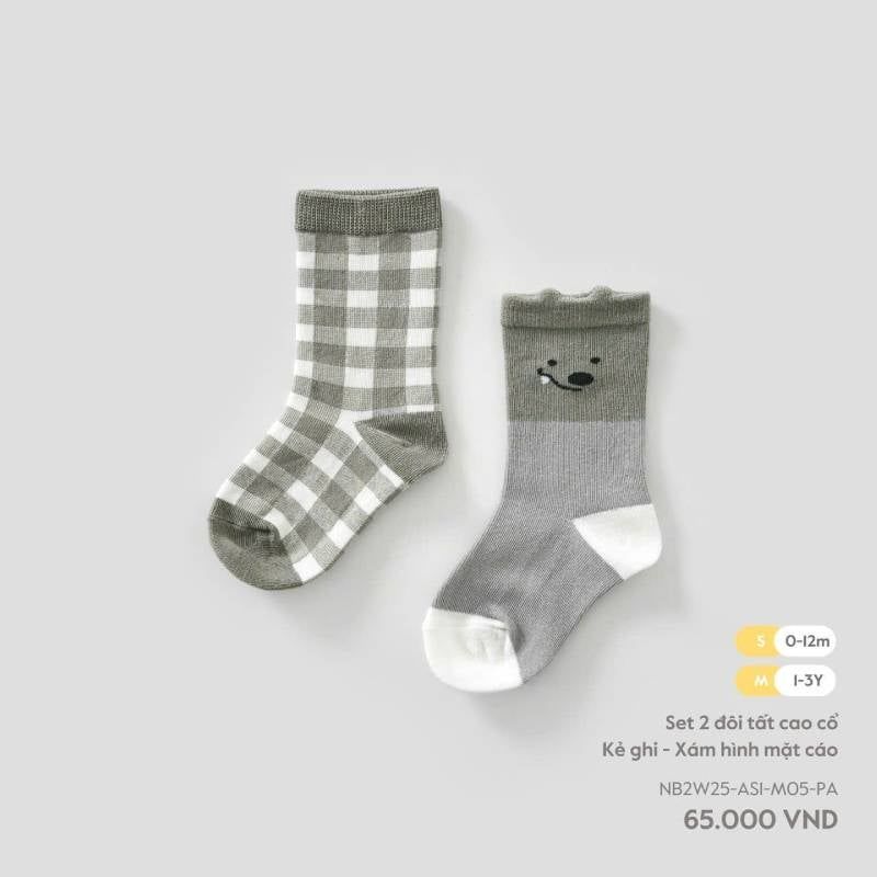 SET 2 TẤT NOUS MÀU GHI PHỐI CARO TRẮNG