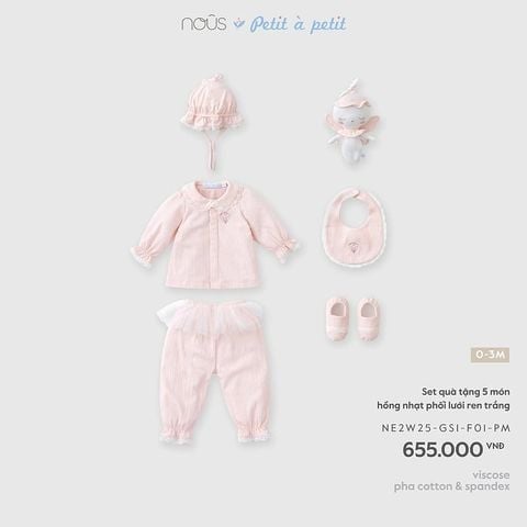 Set quà tặng 5 món Nous hồng nhạt phối lưới ren trắng 0M