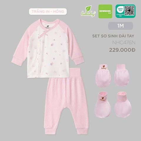 Set sơ sinh Lullaby cài lệch dài tay NHC476N - Trắng in - Hồng