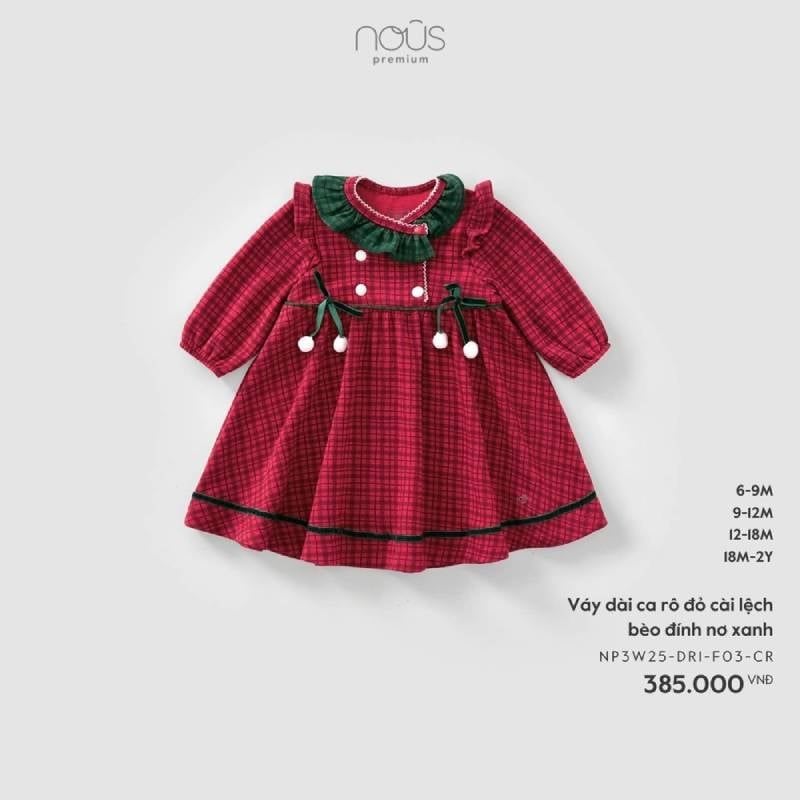 VÁY DÀI NOUS CA RÔ ĐỎ CÀI LỆCH BÈO ĐÍNH NƠ XANH