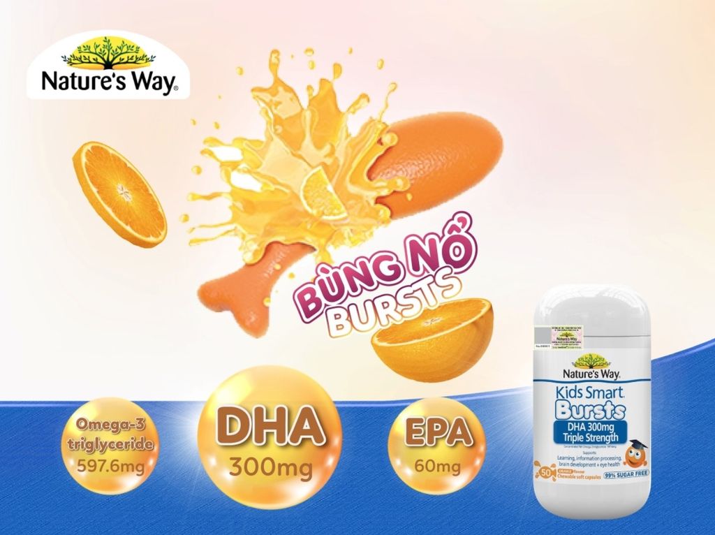 Nature's Way Kids Smart Bursts DHA 300mg Triple Strength - Bổ sung DHA, hỗ trợ tốt cho não bộ và mắt.