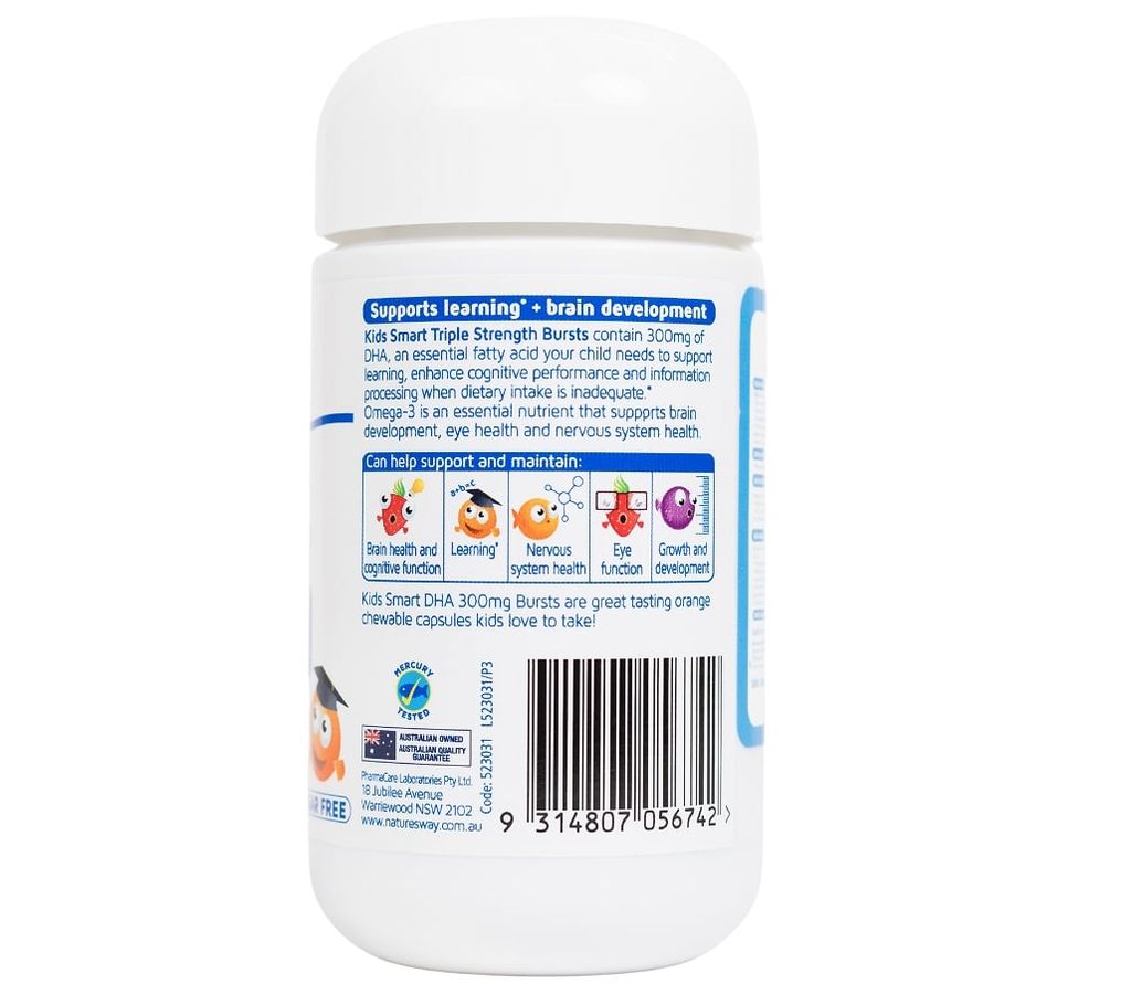 Nature's Way Kids Smart Bursts DHA 300mg Triple Strength - Bổ sung DHA, hỗ trợ tốt cho não bộ và mắt.