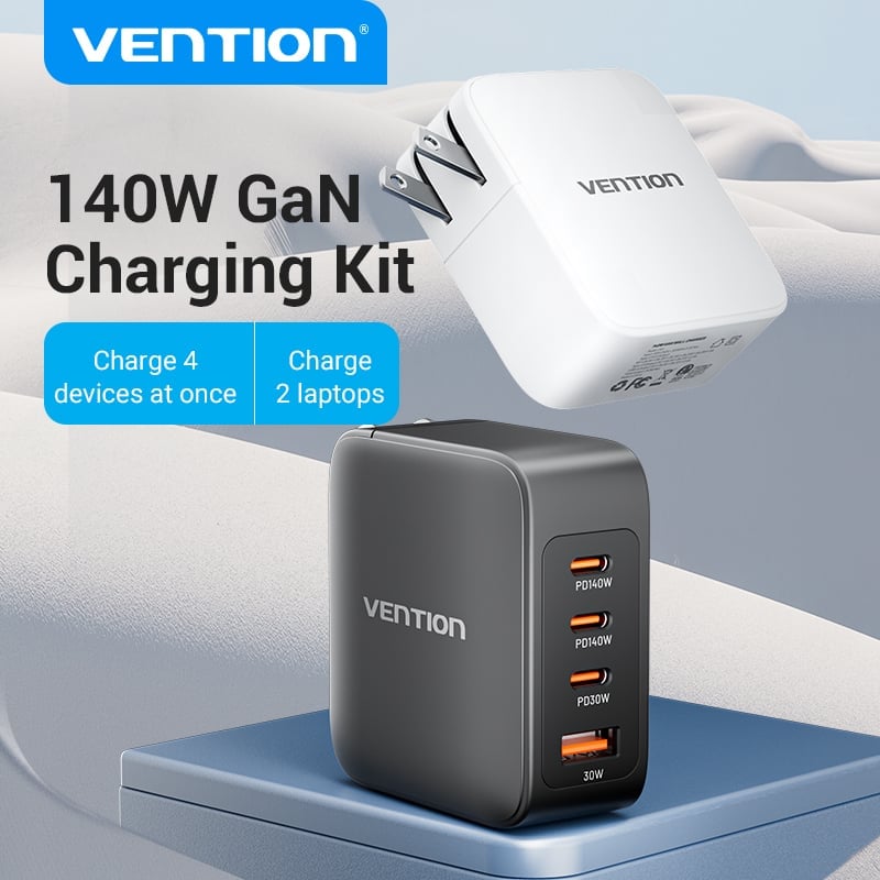 Ảnh minh họa Vention 4-Port USB (C + C + C + A) GaN Charging Kit (140W/140W/30W/30W) US-Plug Black ( FEIB0-US) – Color box 1