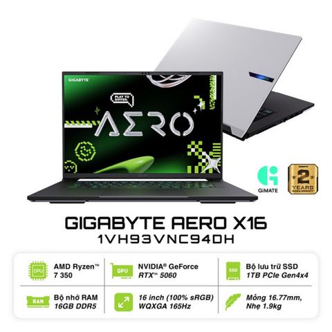 Laptop Gigabyte AERO X16 1VH93VNC94DH (Ryzen AI 7 350, RTX 5060 8GB, 16 inch WQXGA, 16GB, 1TB SSD, Win 11, Trắng)