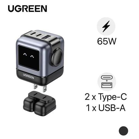 Sạc nhanh Ugreen Robot CD361 15570 3 cổng USB-C và USB-A GaN 65W (SpaceGray)