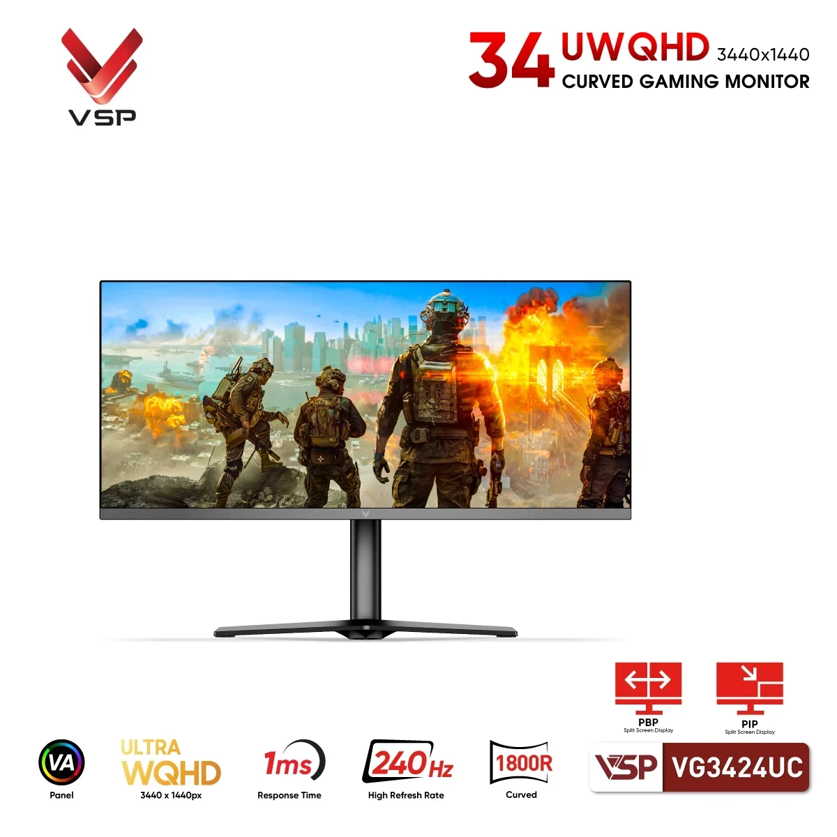 Ảnh minh họa Màn hình Gaming 2K VSP VG3424UC | 34 inch, UWQHD, VA, 240Hz, 1ms, Cong 1800R, Chân CTH 1