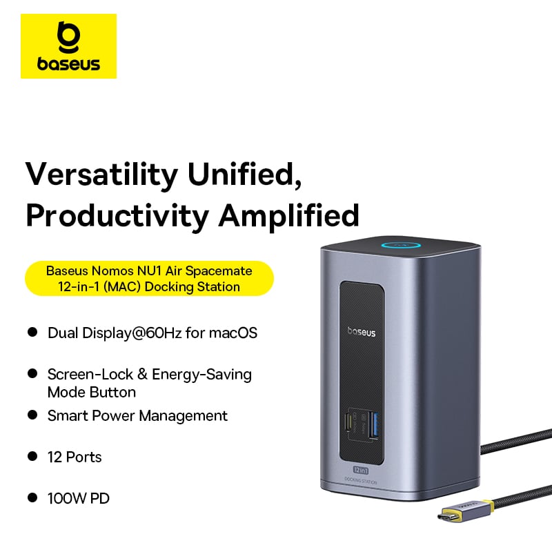 Ảnh minh họa HUB chuyển đổi Baseus Nomos NU1 Air Spacemate 12-in-1 (MAC) Docking Station Space Grey (USB-C to 2*HDMI 2K@60+2*DP2K@60+2*USB-C (10Gbps)+2*USB-A (5Gbps)+2*USB-A (480Mbps)+RJ45+PD 100W) (B0114400) 2