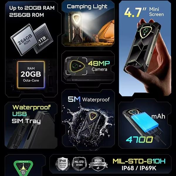  Cubot KingKong MINI 4 |  6GB Up to 16GB RAM+128GB ROM, Cam 48MP, MH 4.7 Inch, Pin 4700mAh, , Android 15, NFC. 