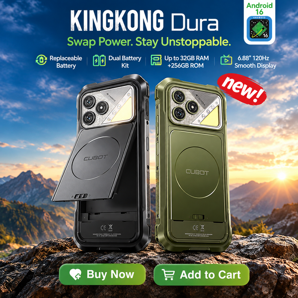  Cubot KingKong Dura | 32 (12+20) GB RAM +256GB ROM, 6.88-Inch 120Hz Screen, IP68&IP69&MIL-STD-810H, Android 16, NFC. 