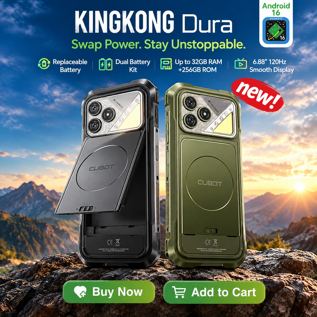  Cubot KingKong Dura | 32 (12+20) GB RAM +256GB ROM, 6.88-Inch 120Hz Screen, IP68&IP69&MIL-STD-810H, Android 16, NFC. 