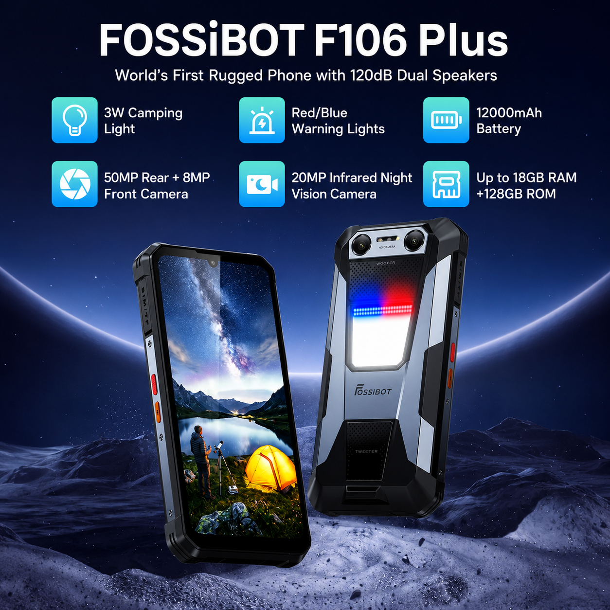  FOSSiBOT F106 Plus | 6GB RAM + 128GB ROM, 12000mAh Battery, 120dB Dual Stereo Speakers, 20MP Night Vision Camera, 50MP AI Camera, 6.745