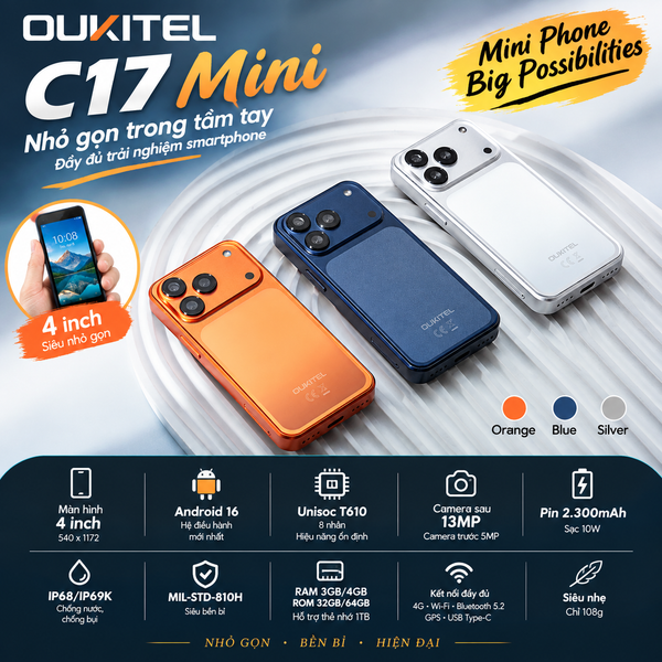  Oukiel C17 Mini | 4GB Ram, 64GB Rom, Pin 2300mAh, 13MP, 4 inch, 60Hz, Android 16. 